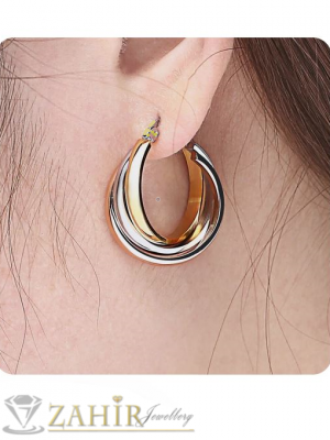 Шикозни стоманени обеци 3 на 2,5 см с 3 нежни извити дъги ,златно, сребристо и розово златно, английско закопчаване- O2957